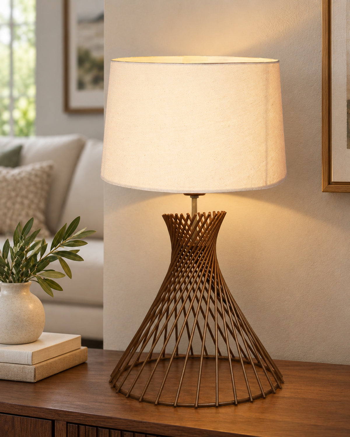Modern Table Lamps, Spiral Metal Wire Golden Base with Fabric Lampshade for Home Office Cafe Restaurant