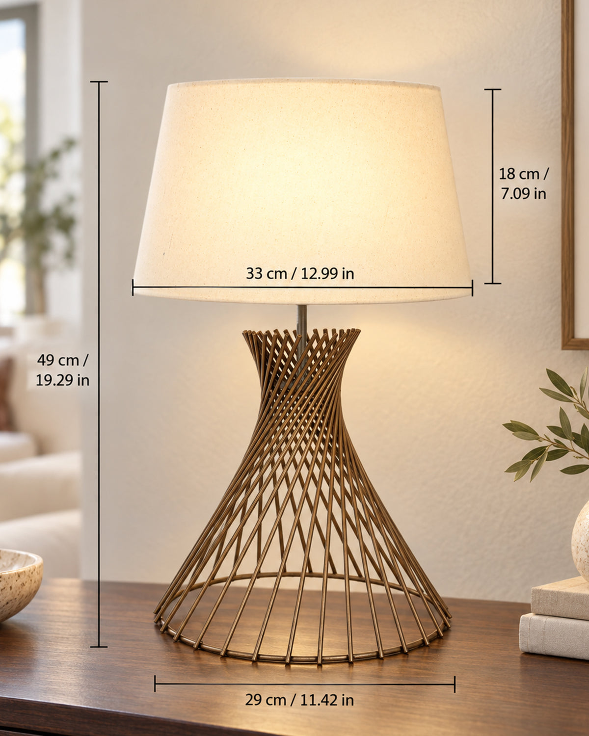 Modern Table Lamps, Spiral Metal Wire Golden Base with Fabric Lampshade for Home Office Cafe Restaurant