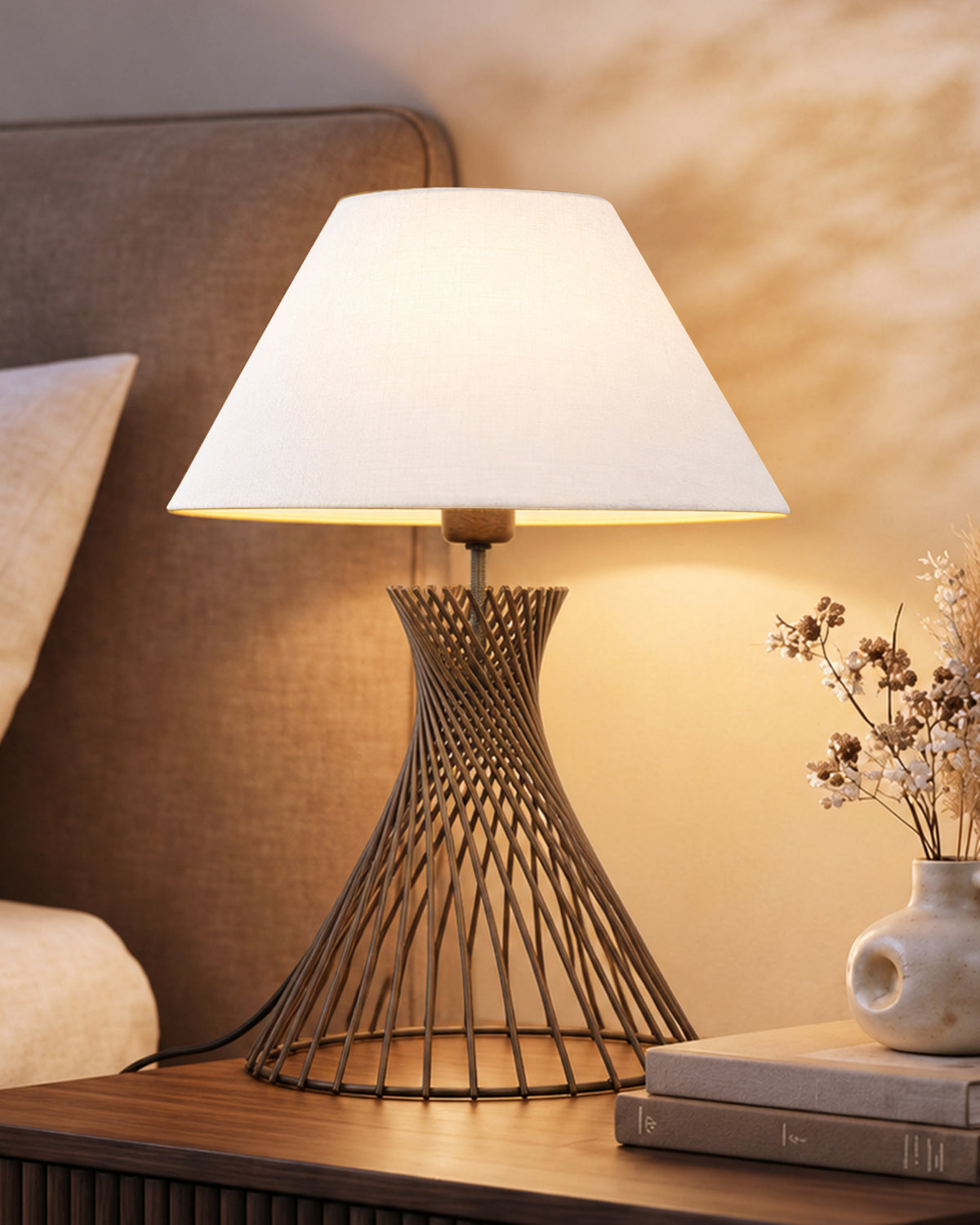 Modern Table Lamps, Spiral Metal Wire Golden Base with Fabric Lampshade for Home Office Cafe Restaurant