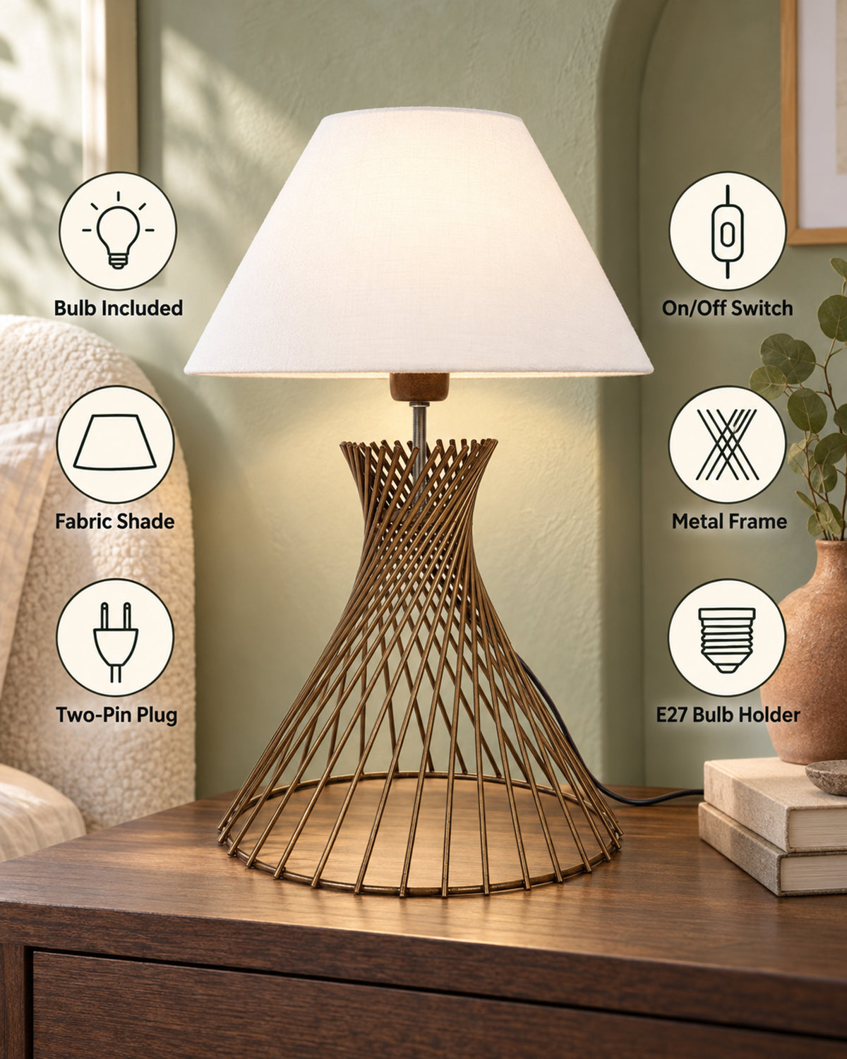 Modern Table Lamps, Spiral Metal Wire Golden Base with Fabric Lampshade for Home Office Cafe Restaurant