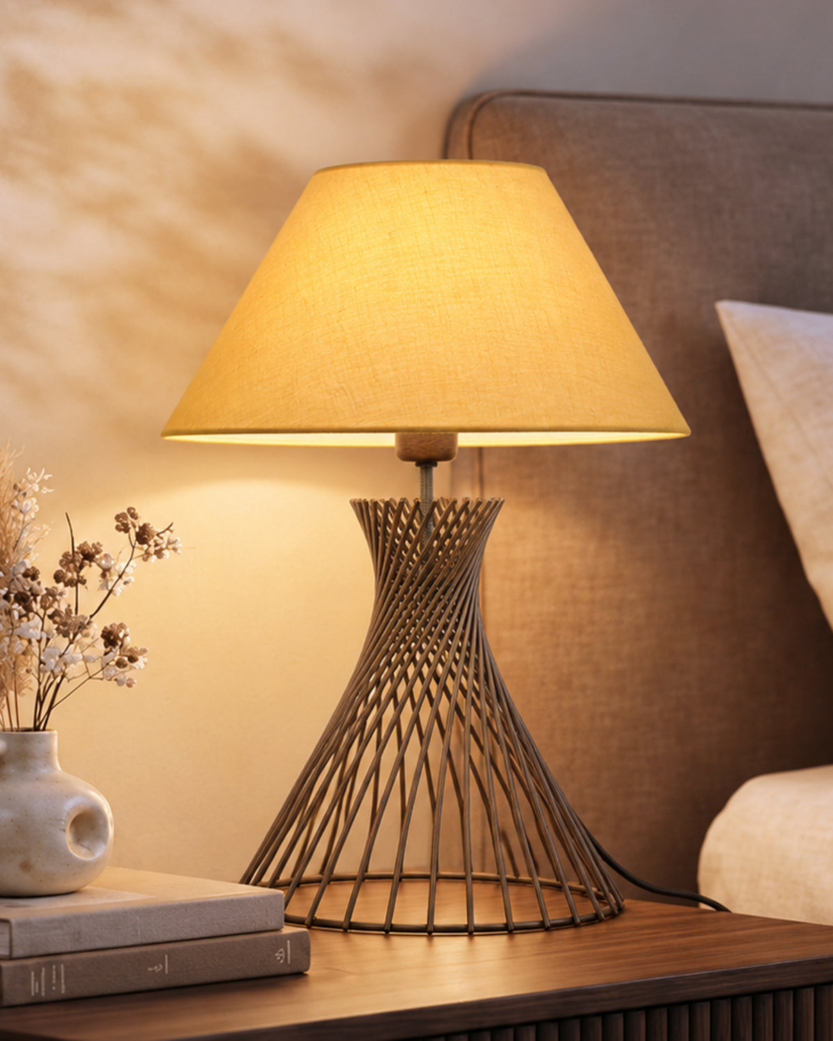 Modern Table Lamps, Spiral Metal Wire Golden Base with Fabric Lampshade for Home Office Cafe Restaurant