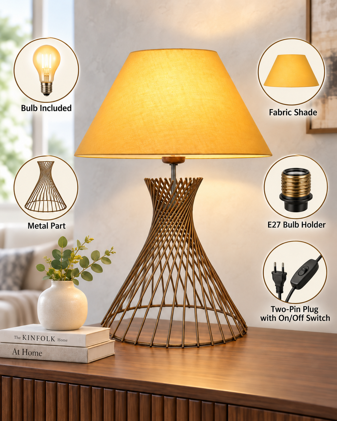 Modern Table Lamps, Spiral Metal Wire Golden Base with Fabric Lampshade for Home Office Cafe Restaurant