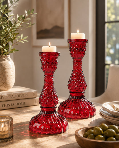 Solid Glass Candle Stand Carved Set of 2 (Solid)