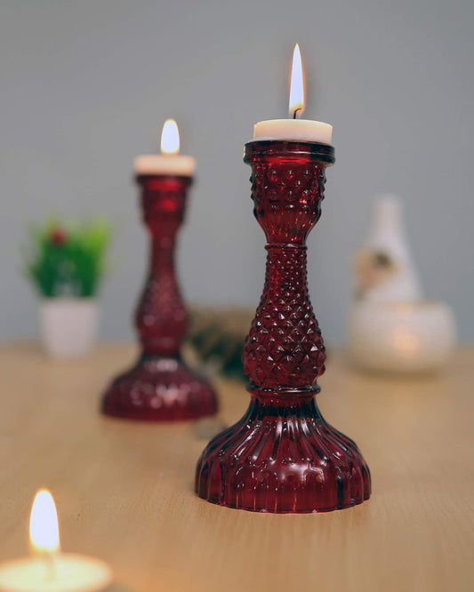 Solid Glass Candle Stand Carved Set of 2 (Solid)