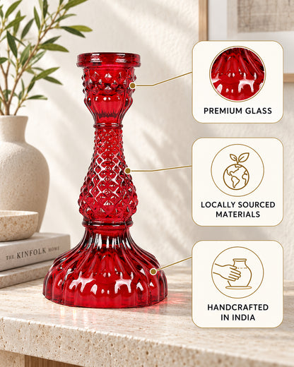 Solid Glass Candle Stand Carved Set of 2 (Solid)