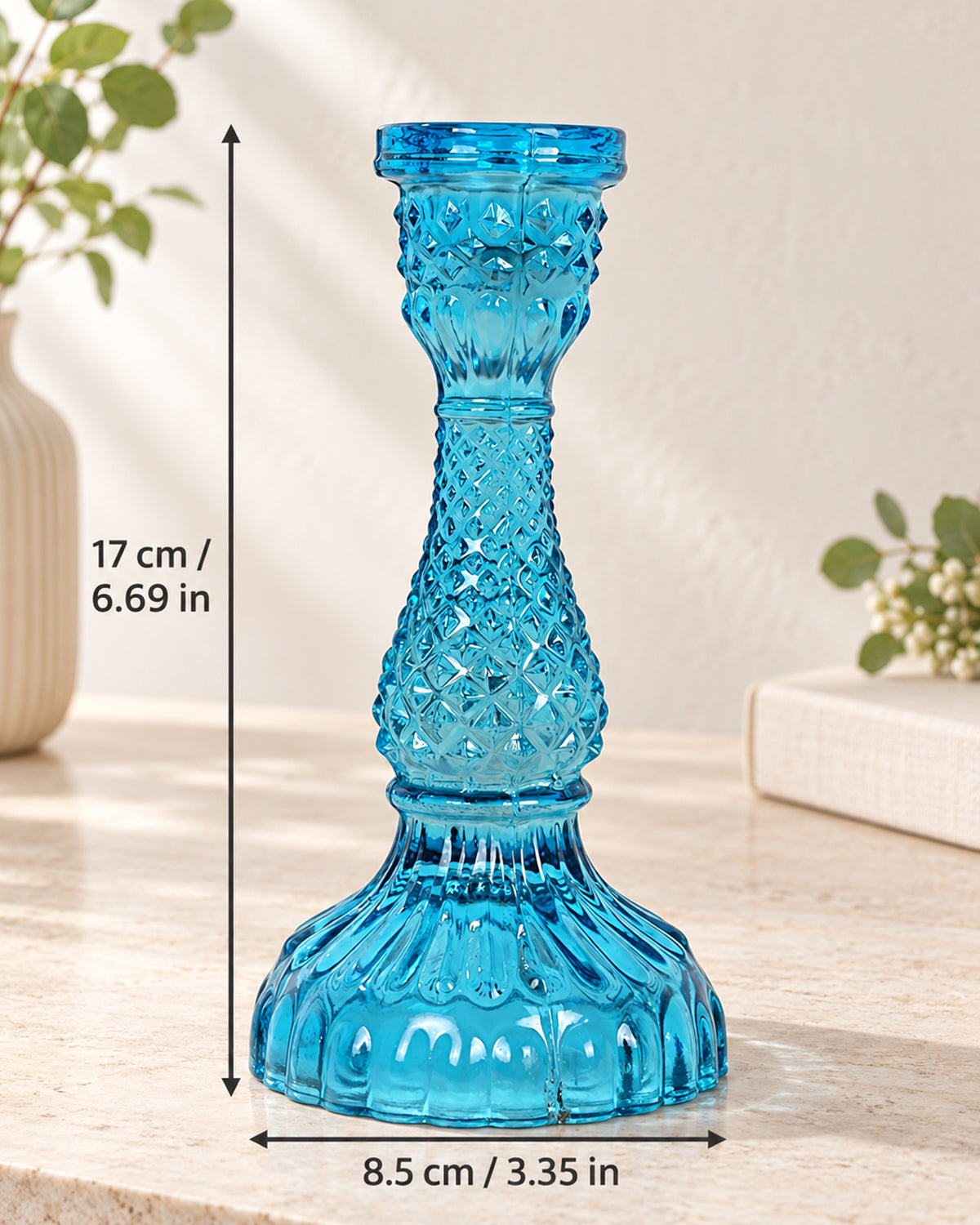Solid Glass Candle Stand Carved Set of 2 (Solid)