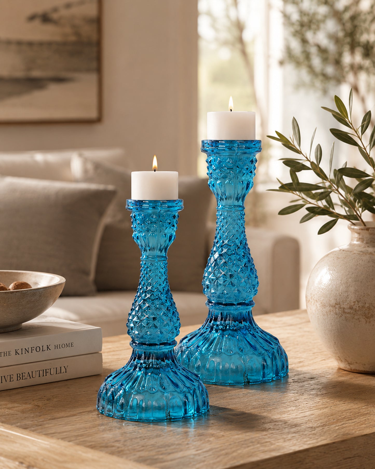 Solid Glass Candle Stand Carved Set of 2 (Solid)