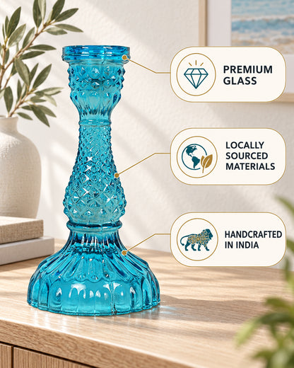 Solid Glass Candle Stand Carved Set of 2 (Solid)
