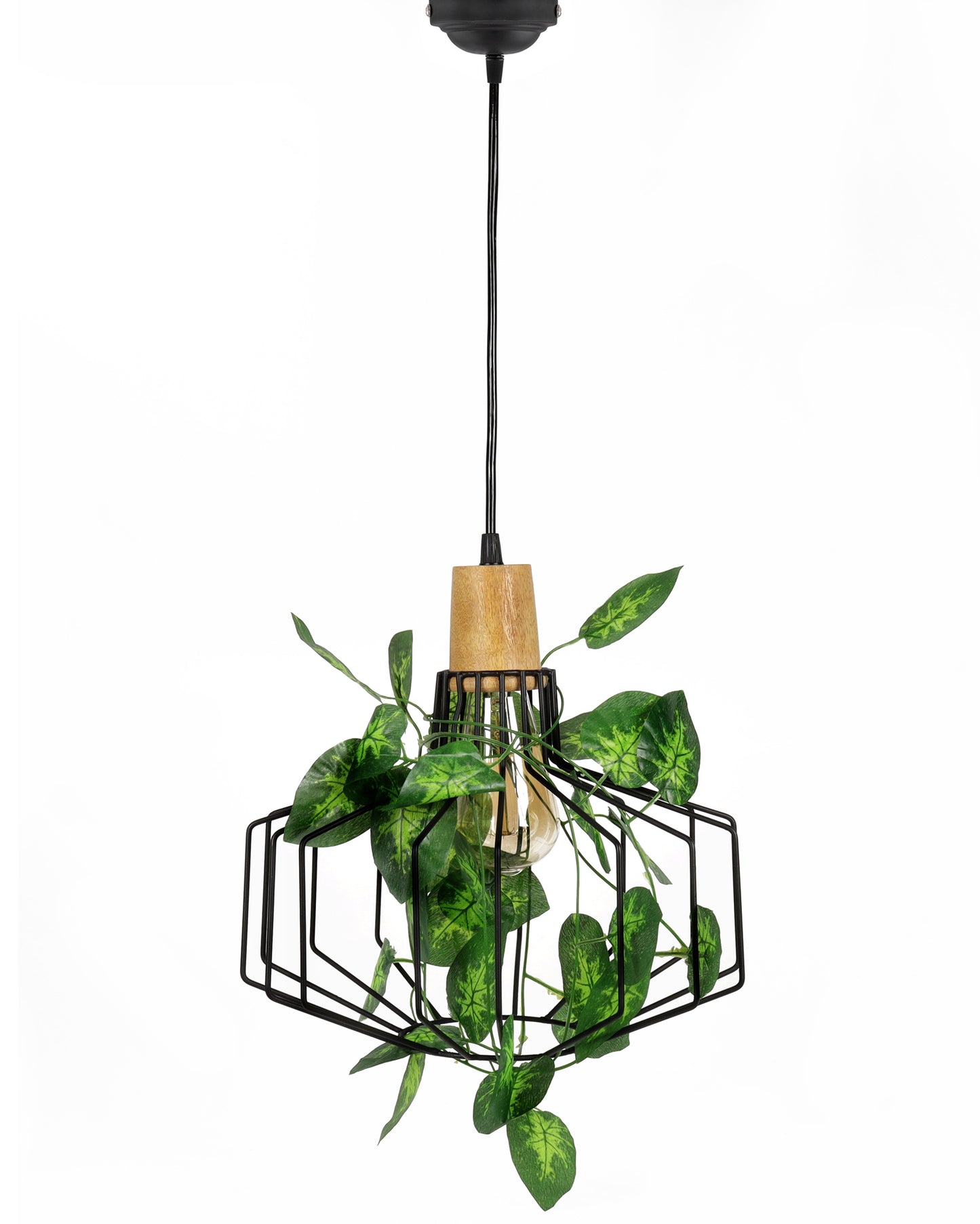 Hanging Pendant Plant Light Fixtures Creative Home Decor Living Room Dining, Ceiling light with leafy vine and filament bulb, Taper Wood Pitcher
