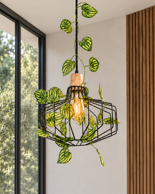 Hanging Pendant Plant Light Fixtures Creative Home Decor Living Room Dining, Ceiling light with leafy vine and filament bulb, Taper Wood Pitcher