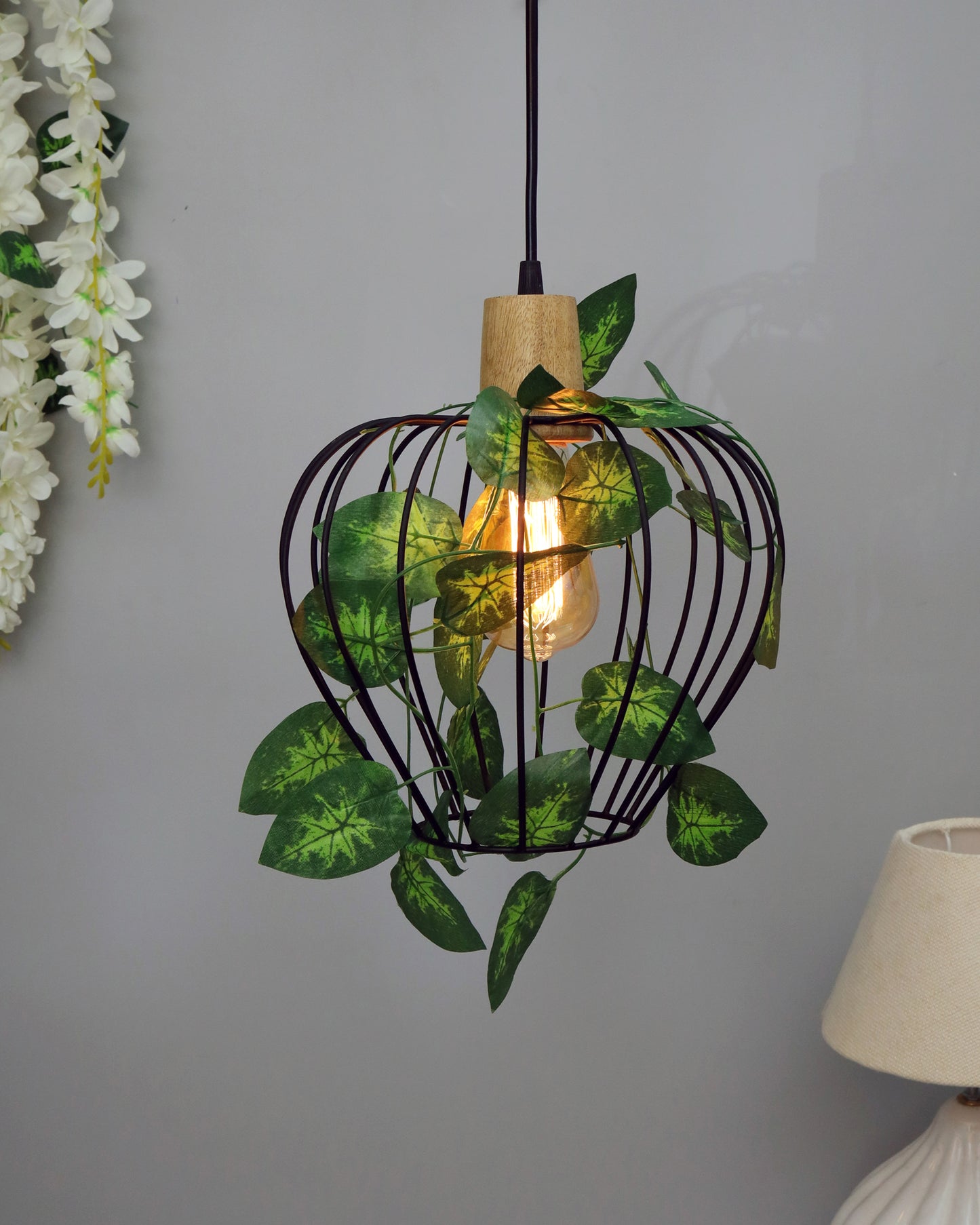 Hanging Pendant Plant Light Fixtures Creative Home Decor Living Room Dining, Ceiling light with leafy vine and filament bulb, Taper Wood Chimney