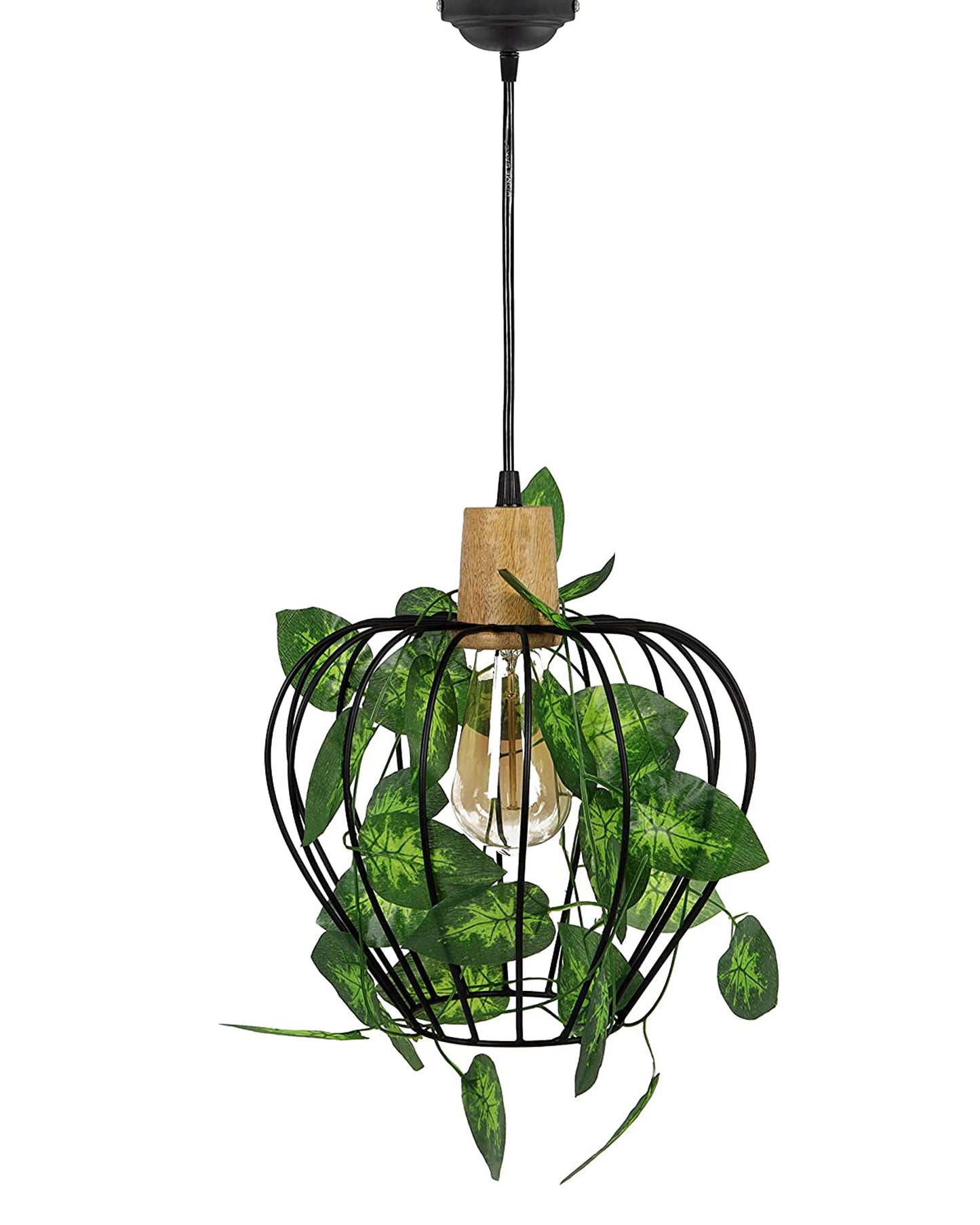 Hanging Pendant Plant Light Fixtures Creative Home Decor Living Room Dining, Ceiling light with leafy vine and filament bulb, Taper Wood Chimney