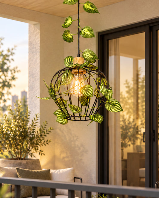 Hanging Pendant Plant Light Fixtures Creative Home Decor Living Room Dining, Ceiling light with leafy vine and filament bulb, Taper Wood Chimney