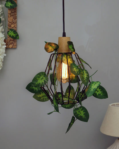Hanging Pendant Plant Light Fixtures Creative Home Decor Living Room Dining, Ceiling light with leafy vine and filament bulb, Taper Wood Cubist
