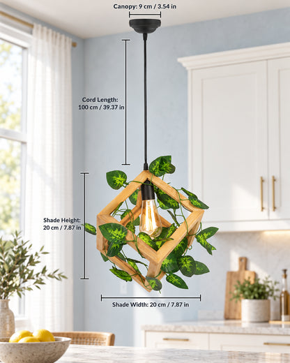 Hanging Pendant Plant Light Fixtures Creative Home Decor Living Room Dining, Ceiling light with leafy vine and filament bulb, Natural Wood Cube