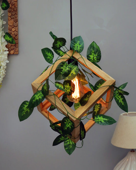 Hanging Pendant Plant Light Fixtures Creative Home Decor Living Room Dining, Ceiling light with leafy vine and filament bulb, Natural Wood Cube