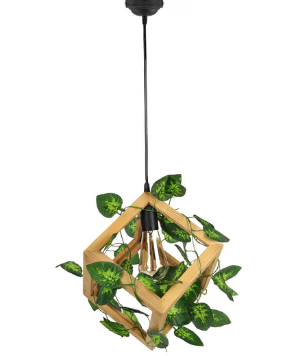 Hanging Pendant Plant Light Fixtures Creative Home Decor Living Room Dining, Ceiling light with leafy vine and filament bulb, Natural Wood Cube