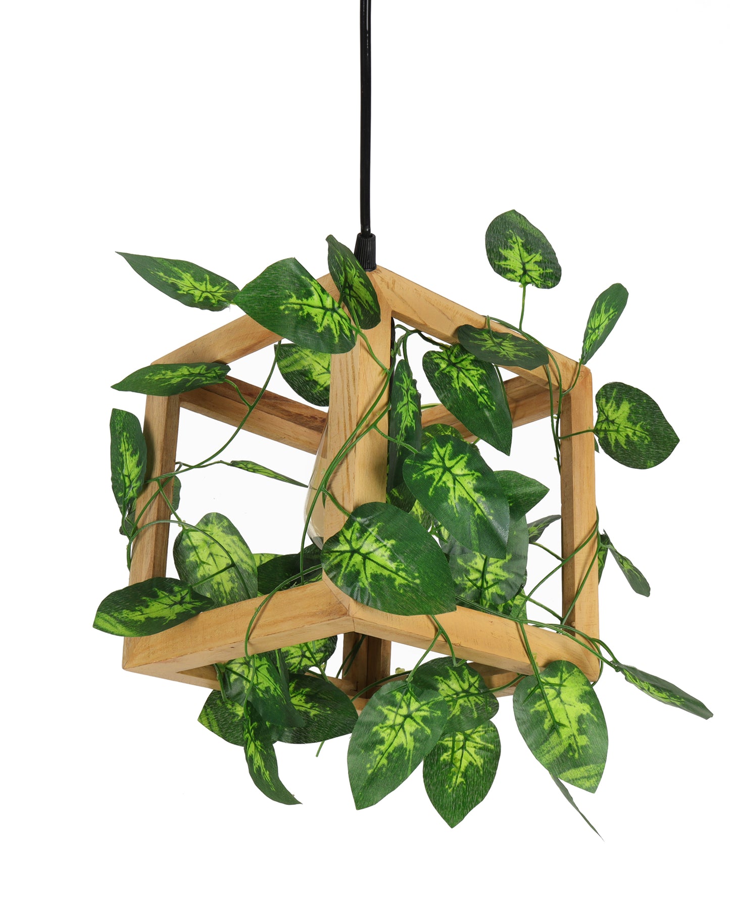 Hanging Pendant Plant Light Fixtures Creative Home Decor Living Room Dining, Ceiling light with leafy vine and filament bulb, Natural Wood Cube