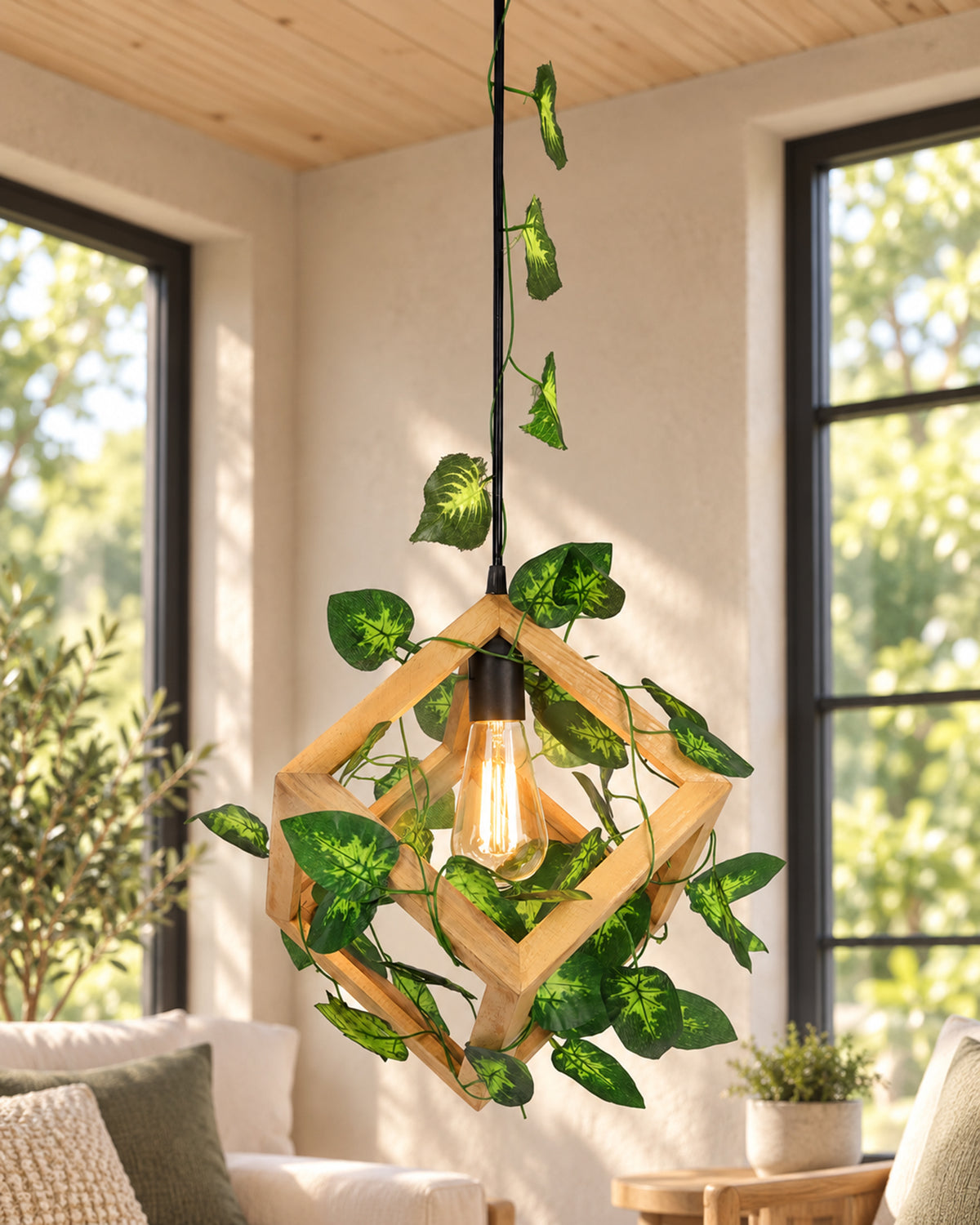 Hanging Pendant Plant Light Fixtures Creative Home Decor Living Room Dining, Ceiling light with leafy vine and filament bulb, Natural Wood Cube
