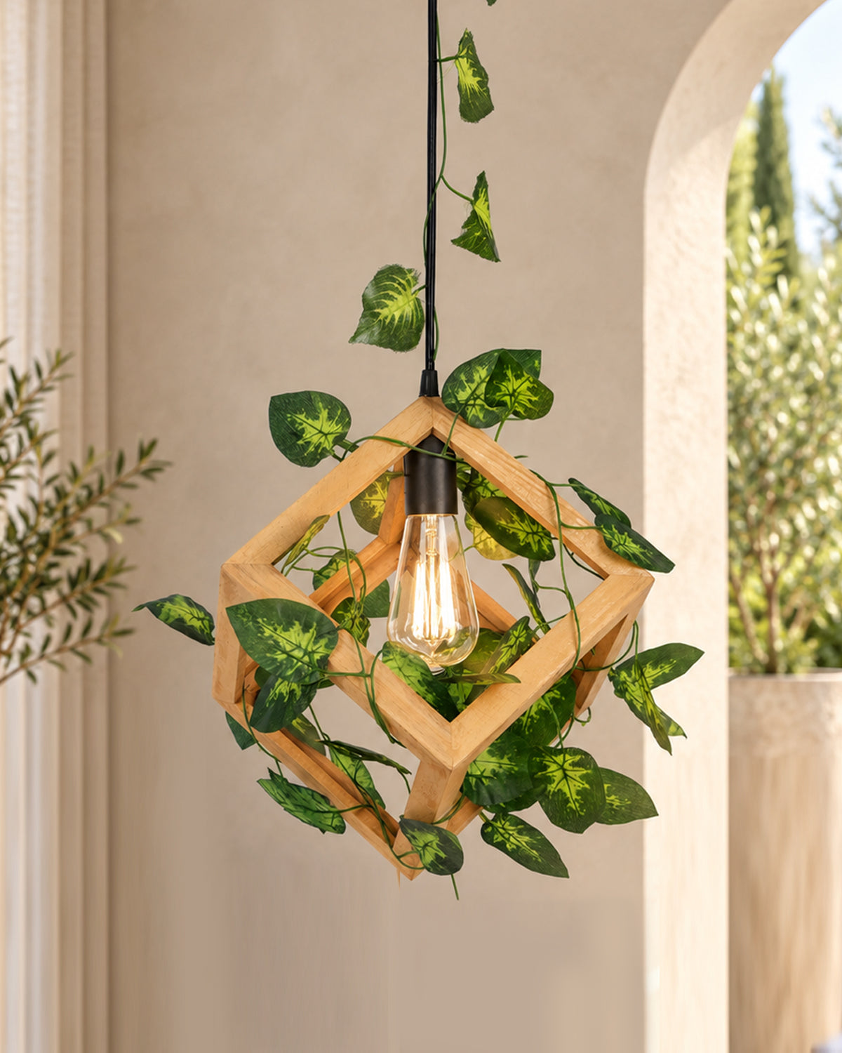 Hanging Pendant Plant Light Fixtures Creative Home Decor Living Room Dining, Ceiling light with leafy vine and filament bulb, Natural Wood Cube