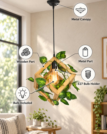 Hanging Pendant Plant Light Fixtures Creative Home Decor Living Room Dining, Ceiling light with leafy vine and filament bulb, Natural Wood Cube