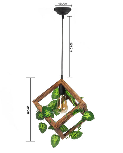 Hanging Pendant Plant Light Fixtures Creative Home Decor Living Room Dining, Ceiling light with leafy vine and filament bulb, Antique Wood Cube