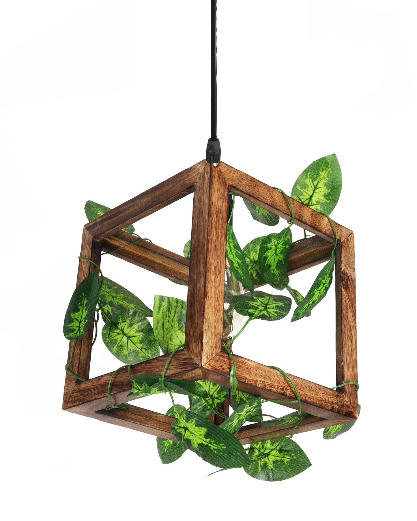 Hanging Pendant Plant Light Fixtures Creative Home Decor Living Room Dining, Ceiling light with leafy vine and filament bulb, Antique Wood Cube