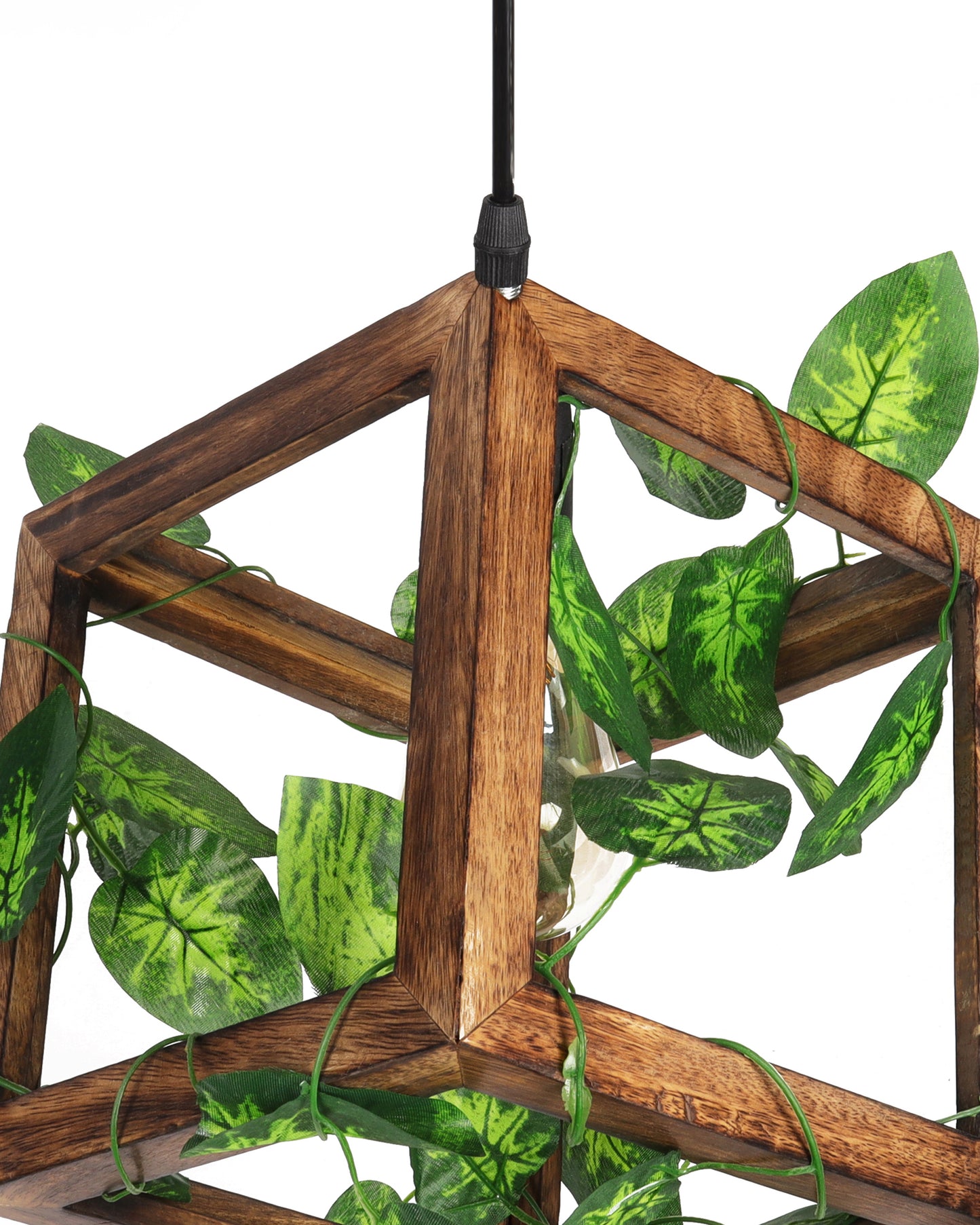 Hanging Pendant Plant Light Fixtures Creative Home Decor Living Room Dining, Ceiling light with leafy vine and filament bulb, Antique Wood Cube