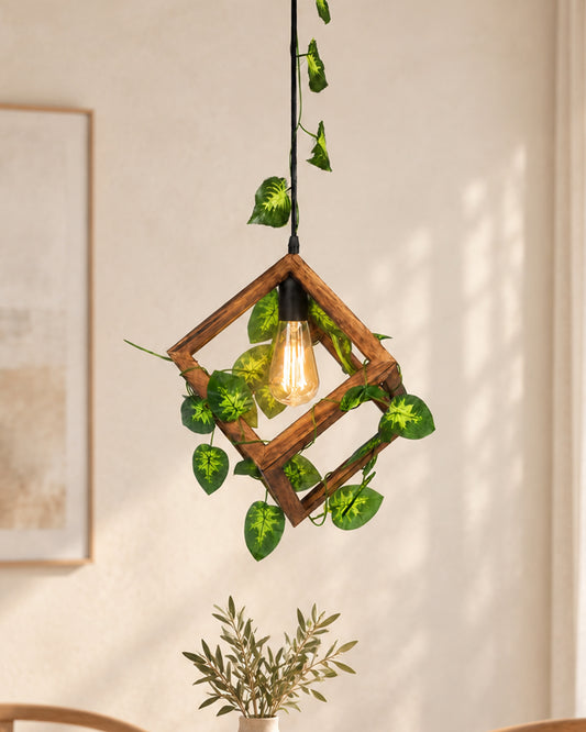 Hanging Pendant Plant Light Fixtures Creative Home Decor Living Room Dining, Ceiling light with leafy vine and filament bulb, Antique Wood Cube