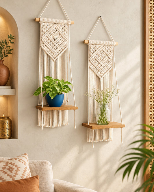 Macrame Wall Hanging Shelf Woven Home Decor Wood Floating Storage Shelf Bohemian Handmade Cotton Rope,Living Room, Balcony, Garden, Set of 2, Size 69 x 20cm