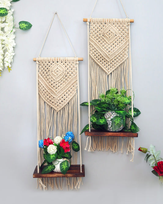 Macrame Wall Hanging Shelf Woven Home Decor Wood Floating Storage Shelf Bohemian Handmade Cotton Rope,Living Room, Balcony, Garden, Set of 2, Size 69 x 20cm