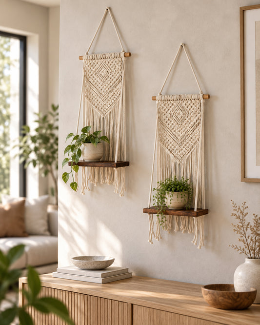 Macrame Wall Hanging Shelf Woven Home Decor Pine Wood Floating Storage Shelf Bohemian Handmade Cotton Rope,Living Room, Balcony, Garden, Set of 2, Size 69 x 26cm