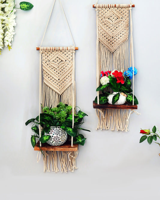 Macrame Wall Hanging Shelf Woven Home Decor Pine Wood Floating Storage Shelf Bohemian Handmade Cotton Rope,Living Room, Balcony, Garden, Set of 2, Size 69 x 26cm