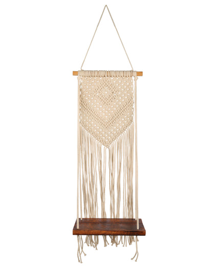 Macrame Wall Hanging Shelf Woven Home Decor Pine Wood Floating Storage Shelf Bohemian Handmade Cotton Rope,Living Room, Balcony, Garden, Set of 2, Size 69 x 26cm
