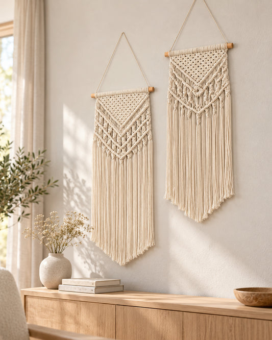 Macrame Wall Hanging Tapestry Tassel Home Decor Bohemian Handmade Chic Cotton Rope,Living Room, Balcony, Office, Housewarming, Garden, Set of 2