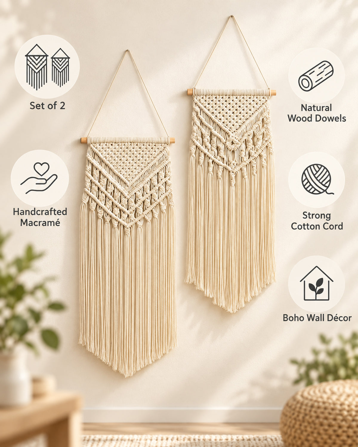 Macrame Wall Hanging Tapestry Tassel Home Decor Bohemian Handmade Chic Cotton Rope,Living Room, Balcony, Office, Housewarming, Garden, Set of 2
