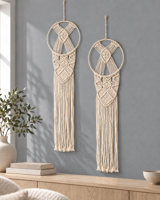 Macrame Wall Hanging Dream Catcher, Large Handmade Crochet Decor for Bedroom, Home Decor for Apartment Living Room Bedroom Baby Nursery Dorm set of 2