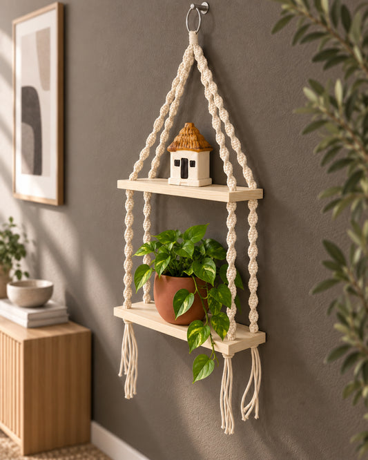 Macrame Wall Hanging Shelf Woven Home Decor Pine Wood Floating Storage Shelf Bohemian Handmade Cotton Rope,Living Room, Balcony, Garden, 2 Tier