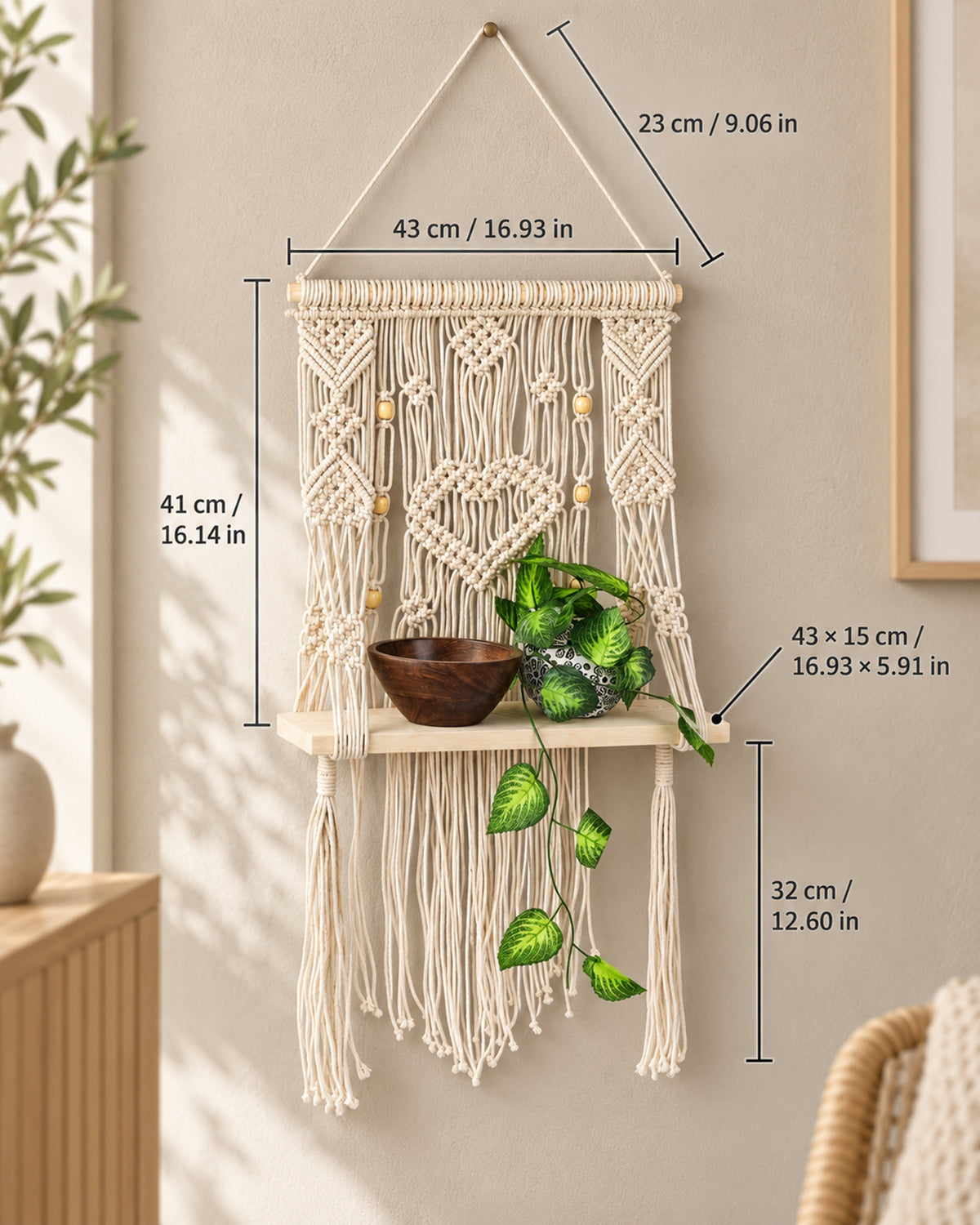 Macrame Wall Hanging Shelf-ideal décor-plants storage bookshelf-Bohemian Decorative Floating Indoor For bedroom kitchen bathroom room with window Plant hanger, Plank
