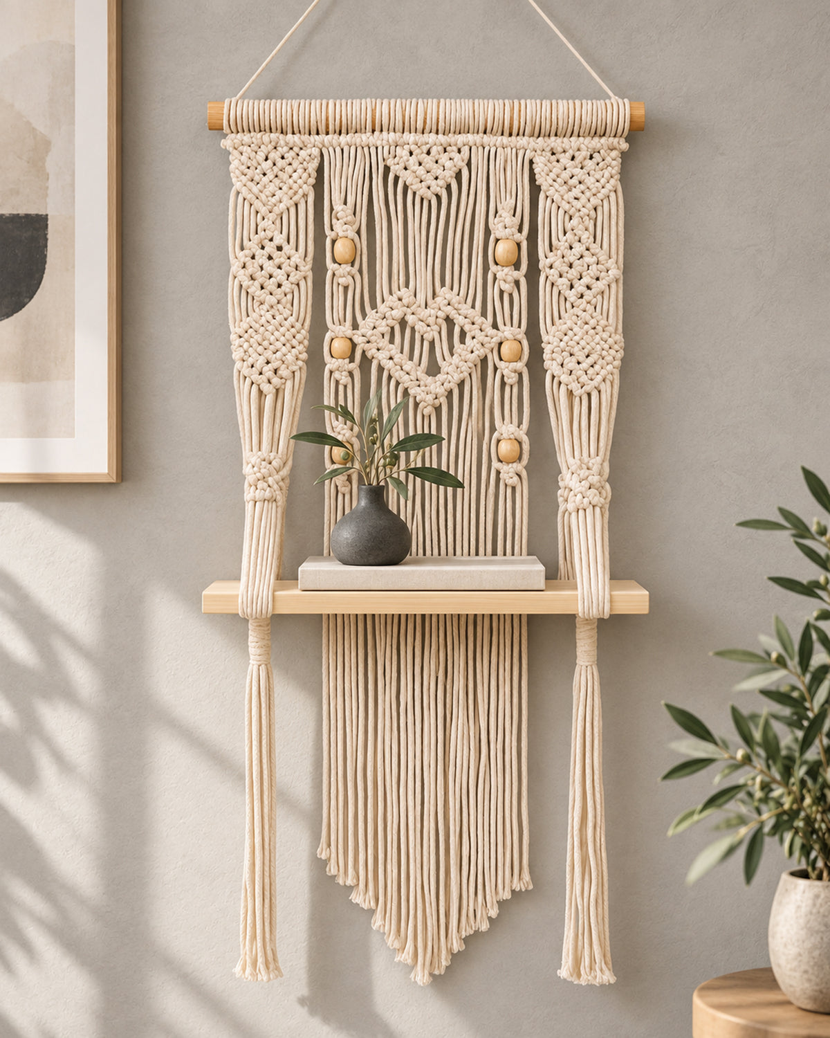 Macrame Wall Hanging Shelf-ideal décor-plants storage bookshelf-Bohemian Decorative Floating Indoor For bedroom kitchen bathroom room with window Plant hanger, Plank