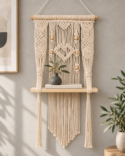 Macrame Wall Hanging Shelf-ideal décor-plants storage bookshelf-Bohemian Decorative Floating Indoor For bedroom kitchen bathroom room with window Plant hanger, Plank