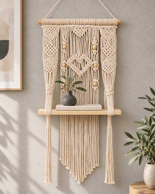 Macrame Wall Hanging Shelf-ideal décor-plants storage bookshelf-Bohemian Decorative Floating Indoor For bedroom kitchen bathroom room with window Plant hanger, Plank
