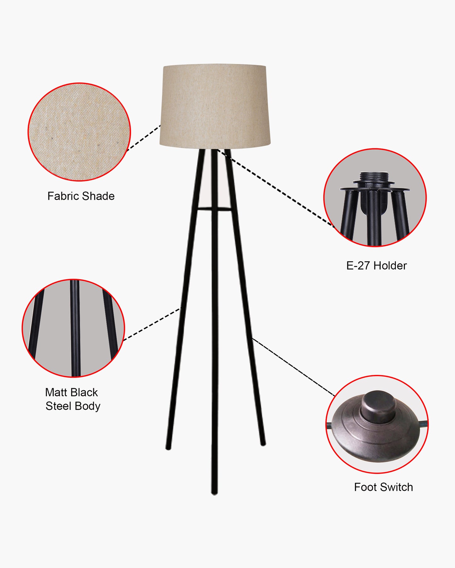 Mid Century Metal Tripod Floor Lamp,Contemporary Minimalist Standing Floor Light with Iron Legs,E27 Lamp Base,Modern Design Standing Light for Living Room,Study Room and Bedroom, Tripod
