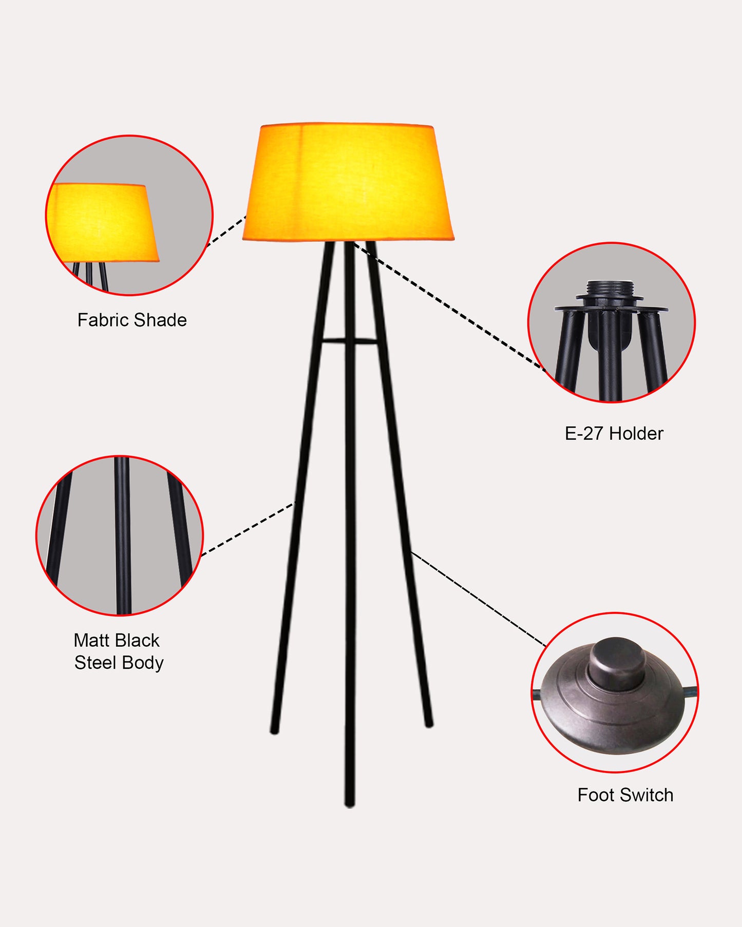 Mid Century Metal Tripod Floor Lamp,Contemporary Minimalist Standing Floor Light with Iron Legs,E27 Lamp Base,Modern Design Standing Light for Living Room,Study Room and Bedroom, Tripod
