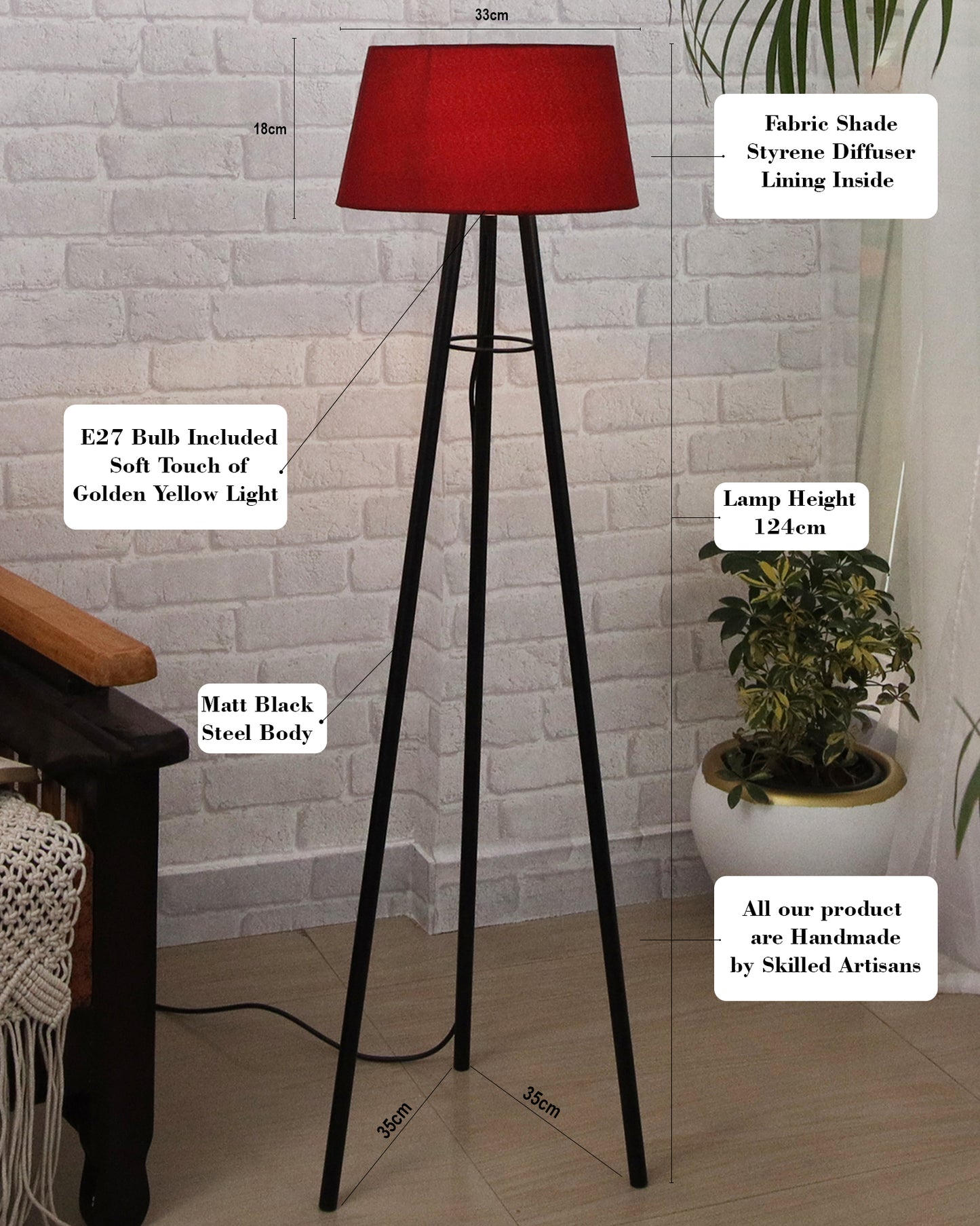 Mid Century Metal Tripod Floor Lamp,Contemporary Minimalist Standing Floor Light with Iron Legs,E27 Lamp Base,Modern Design Standing Light for Living Room,Study Room and Bedroom, Tripod