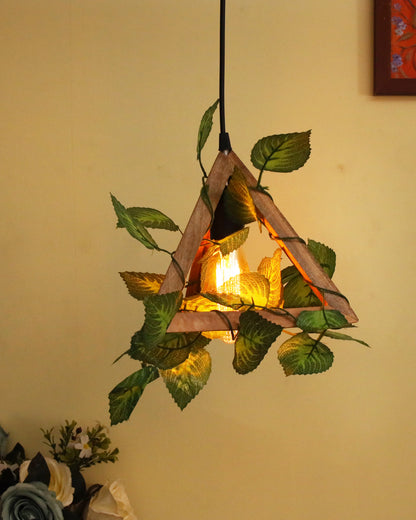 Hanging Pendant Plant Light Fixtures Creative Home Decor Living Room Dining, Ceiling light with leafy vine and filament bulb, Natural Wood Triangle