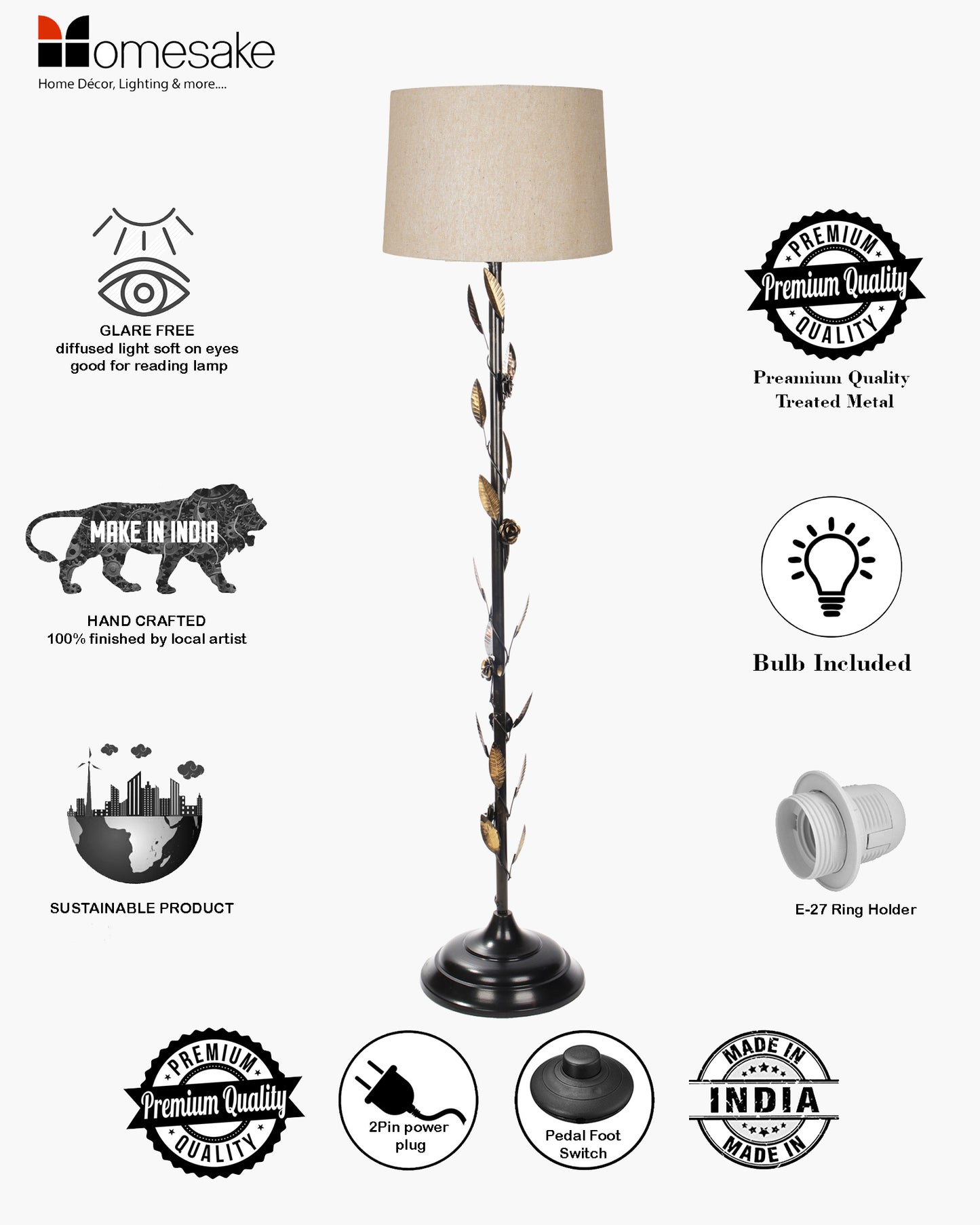 Contemporary Metal Floor Lamp,Contemporary Minimalist Standing Floor Light with Iron Legs,E27 Lamp Base,Modern Design Standing Light for Living Room,Study Room and Bedroom, Floral