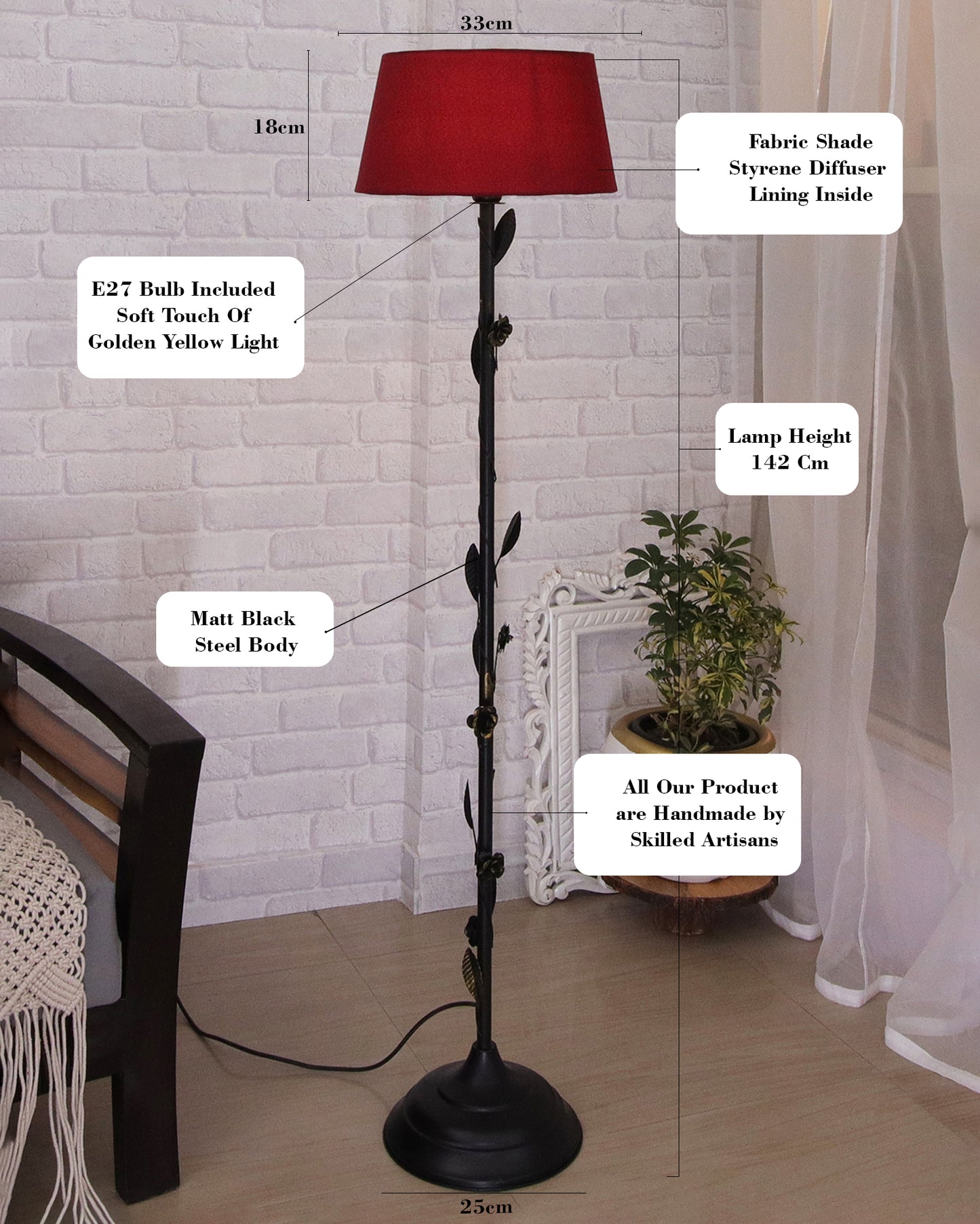 Contemporary Metal Floor Lamp,Contemporary Minimalist Standing Floor Light with Iron Legs,E27 Lamp Base,Modern Design Standing Light for Living Room,Study Room and Bedroom, Floral