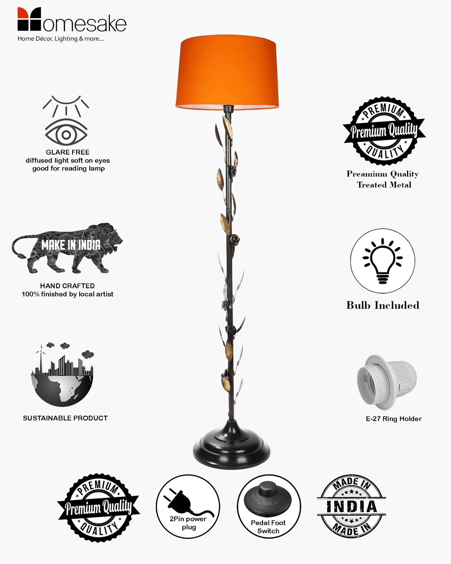 Contemporary Metal Floor Lamp,Contemporary Minimalist Standing Floor Light with Iron Legs,E27 Lamp Base,Modern Design Standing Light for Living Room,Study Room and Bedroom, Floral