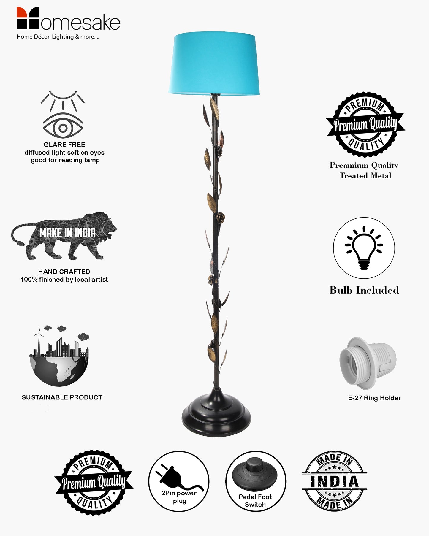 Contemporary Metal Floor Lamp,Contemporary Minimalist Standing Floor Light with Iron Legs,E27 Lamp Base,Modern Design Standing Light for Living Room,Study Room and Bedroom, Floral